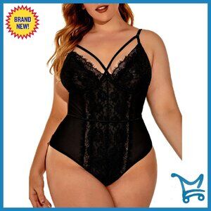 Plus Size Eyelash Lace Bodysuit Snap Crotch Lingerie Club Outfit